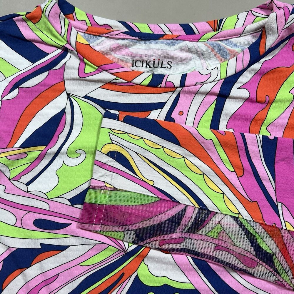 Icikuls Womens Large Sun Shirt Long Sleeve Psychedelic Swirl Mesh Panels Top‎